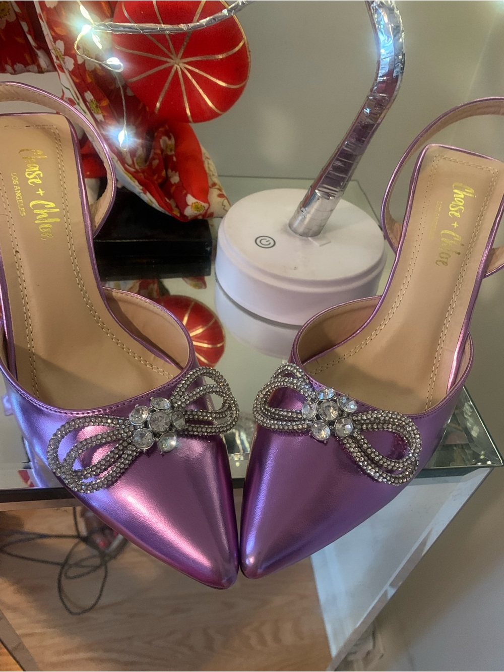 Metallic Purple Pointed-Toe Slingback Mules with Crystal Bow Accent